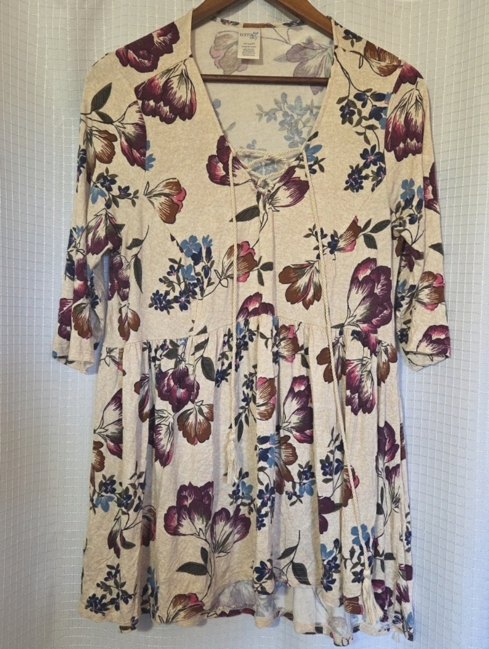 Terra & Sky Floral Boho Lace Up Tassel Knit Top 0X (14W) Beige Tunic Cottagecore